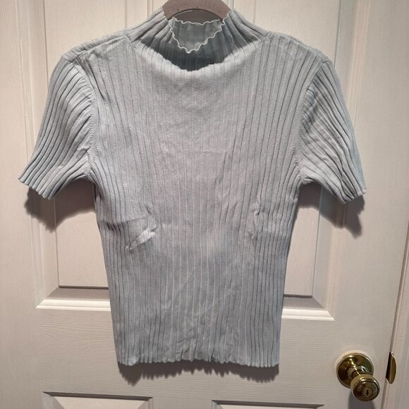 Talbots Ribbed Turtle Neck Short Sleeve Shirt Light Blue Size M - Picture 2 of 3